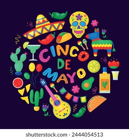 The word cinco de mayo is elegantly displayed in electric blue font, surrounded by Mexican icons on a circular patterned table, creating a visually stunning art display