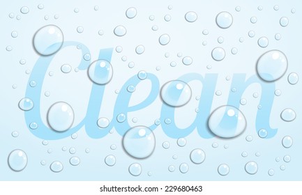 The word Clean with water droplets which distort the word beneath. This file is EPS10. It uses transparency, gradient mesh and clipping masks. 