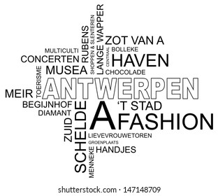word cloud around antwerp, city in belgium, flanders, dutch and flemish version, vector