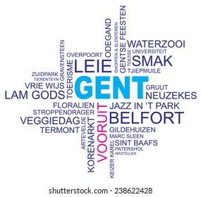 word cloud around ghent, city in belgium, flanders, vector, dutch and flemish version, eps10