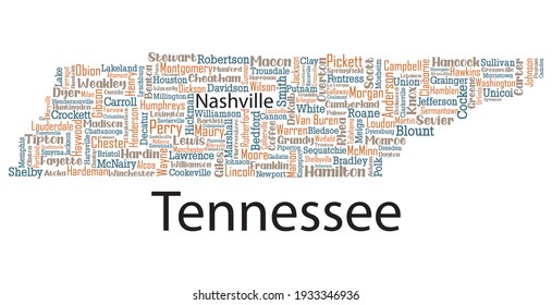 Word cloud art map design includes all Counties, Cities, Municipalities in the state of Tennessee. It's an editable vector.