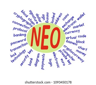 a word cloud associated with neo on a white background ,  word neo in the middle 