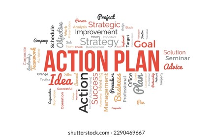 Word cloud background concept for Action Plan. Business idea solution strategy implement concept. vector illustration.
