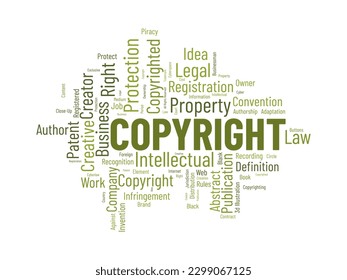 Word cloud background concept for Copyright. Intellectual property, legal trademark owner of business right. vector illustration.