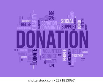 Concepto de fondo de nube de palabras para DONATION. apoyo de caridad, contribución financiera, ayuda para la recaudación de fondos comunitarios. ilustración vectorial.