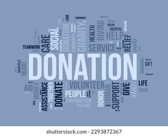 Word cloud background concept for DONATION. charity support, finance contribution help of community fundraising. vector illustration.
