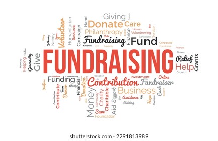 Word cloud background concept for Fundraising. Charity funding, philanthropy donation support of charitable contribution. vector illustration.