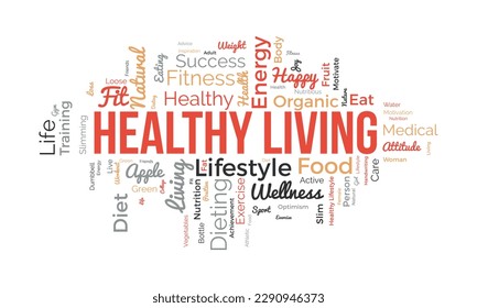 Word cloud background concept for Healthy living. diet exercise, fit lifestyle with organic food of eating energy. vector illustration.