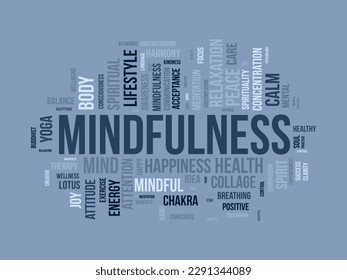 Word cloud background concept for mindfulness. Spiritual meditation, consciousness harmony and paece mind, happiness of mental soul. vector illustration.