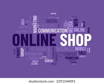 Word Cloud-Hintergrund-Konzept für Online-Shop. Wachstum Ihres Handels- oder E-Commerce-Geschäfts mit digitalem Online-Marketing. Vektorgrafik.