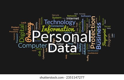 Word Cloud-Hintergrund-Konzept für personenbezogene Daten. Digitale Sicherheitsmaßnahmen für die persönliche Internetsicherheit. Vektorgrafik.