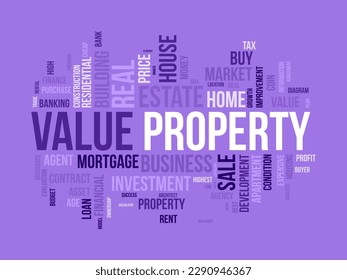 Word cloud background concept for Property value. Investment business, financial loan mortgage, housing evaluation of property business. vector illustration.