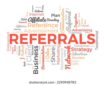 Word cloud background concept for Referrals. Business affiliate suggestion strategy for traffic network advertising. vector illustration.