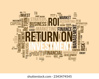 Word cloud background concept for Return on investment (ROI). Business profit performance, financial gain plan of marketing performance.