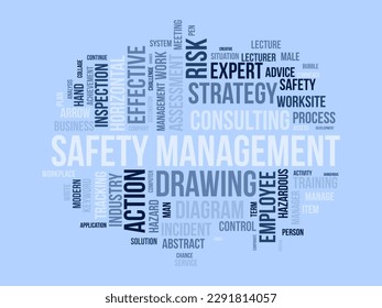 Word cloud background concept for Safety management. Strategic consulting diagram for effective business inspection. vector illustration.