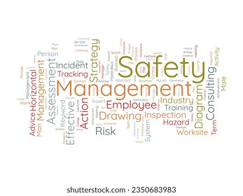 Word cloud background concept for Safety management. Strategic consulting diagram for effective business inspection. vector illustration.