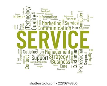 Concepto de fondo de nube de Word para Service. Soporte de calidad, asesoramiento de gestión de clientes de la estrategia de comunicación. ilustración vectorial.