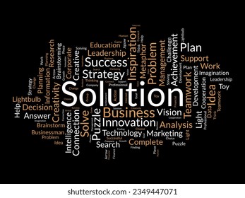 Word cloud background concept for Solution. Planning strategy, creativity solution and development, inspiration leadership, Innovative of new ideas. vector illustration.