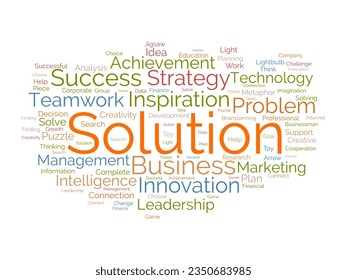 Word cloud background concept for Solution. Planning strategy, creativity solution and development, inspiration leadership, Innovative of new ideas. vector illustration.