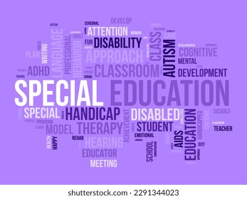 Concepto de fondo de nube de palabras para Educación Especial. Desarrollo de la discapacidad, plan de enfoque especial del comportamiento infantil del desarrollo. ilustración vectorial.