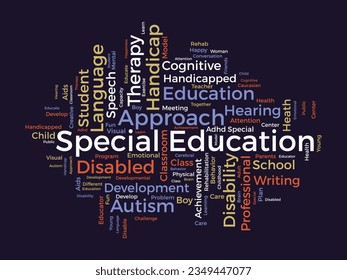 Word cloud background concept for Special Education. Disability development, special child behavior of development approach plan. vector illustration.