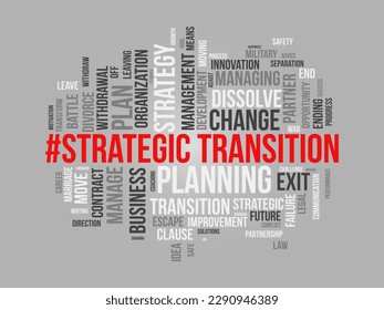 Word cloud background concept for Strategic transition. Business planning progress for change future goal. vector illustration.