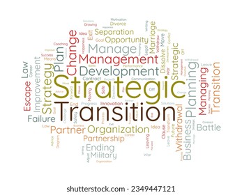 Word cloud background concept for Strategic transition. Business planning progress for change future goal. vector illustration.