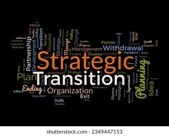 Word cloud background concept for Strategic transition. Business planning progress for change future goal. vector illustration.
