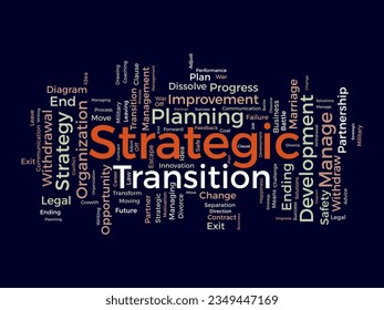 Word cloud background concept for Strategic transition. Business planning progress for change future goal. vector illustration.