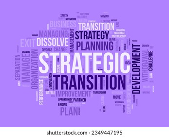 Word cloud background concept for Strategic transition. Business planning progress for change future goal. vector illustration.