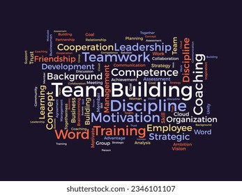 Word cloud background concept for Team building. Motivation coaching management with business assessment. vector illustration.