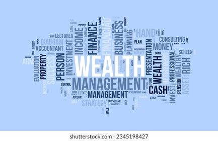 Concepto de fondo de nube de Word para la administración de Wealth. Inversión financiera, estrategia del plan de ingresos para la gestión de beneficios. ilustración vectorial.