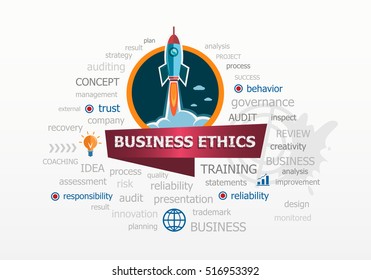 The word cloud Business Ethics concept on background with rocket. Project for web banner and printed materials.