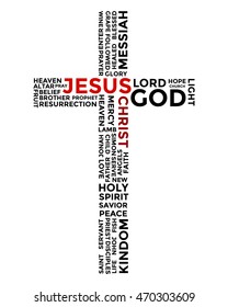 Word Cloud of Christian Keywords in Cross Shape , with The Name of Jesus Christ Highlighted in Red Color.