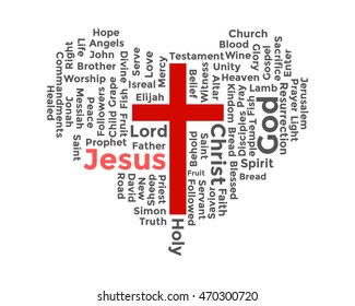 Word Cloud of Christian Keywords in Heart Shape, with Red Cross in the center. And The Name of Jesus is Highlighted Red Color.