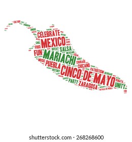 Word Cloud - Cinco de Mayo Celebration, colorful wordclouds about the celebration of the Mexican/American Holiday. Chili Shape