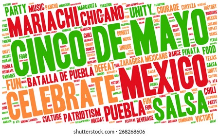 Word Cloud - Cinco de Mayo Celebration, colorful wordclouds about the celebration of the Mexican/American Holiday. Banners on White