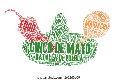 Word Cloud - Cinco de Mayo Celebration, colorful wordclouds about the celebration of the Mexican/American Holiday. In Sombrero, Chili and Rattle Maracas Shape