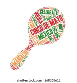 Word Cloud - Cinco de Mayo Celebration, colorful wordclouds about the celebration of the Mexican/American Holiday. Rattle Maracas Shape, Music and Fun