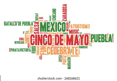 Word Cloud - Cinco de Mayo Celebration, colorful wordclouds about the celebration of the Mexican/American Holiday. Banners on White