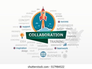 The word cloud Collaboration concept on background with rocket. Project for web banner and printed materials.