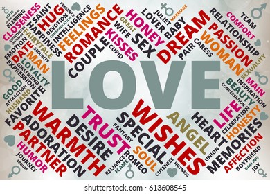 Word cloud collage related with love theme with hearts, man and woman symbols of grey, red, violet, orange, and black shades on bokeh background
