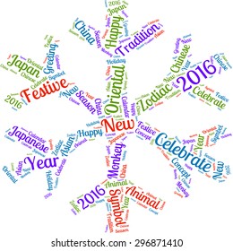 Word cloud for the coming year of the monkey in the form of a snowflake