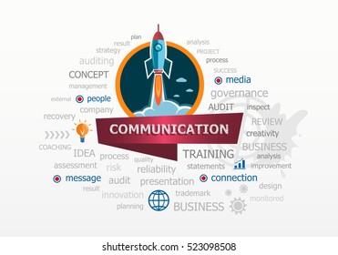 The word cloud Communication concept on background with rocket. Project for web banner and printed materials.