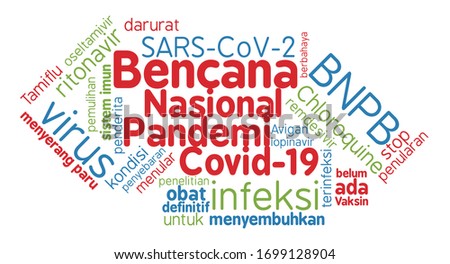 word cloud concept about Covid-19 Corona virus spread in Bahasa Indonesia language. The virus outbreak in Indonesia is categorized as a national disaster. 
