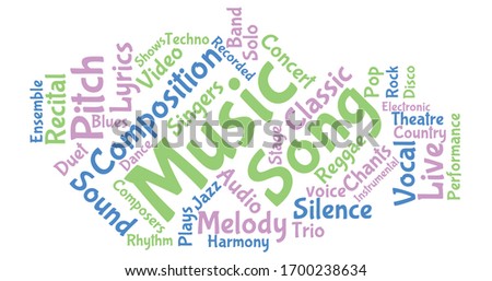 word cloud concept about music. Collage made of words about music and its genre.