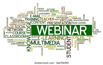 Word cloud concept containing words related to distance learning, distance education and e-learning, e-university, e-student, webinar and online learning and education