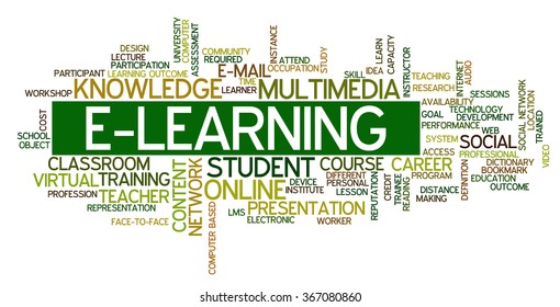 Word cloud concept containing words related to distance learning, distance education and e-learning, e-university, e-student, webinar and online learning and education
