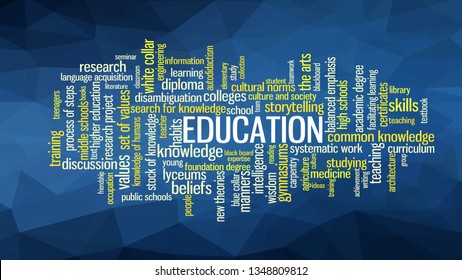 Word cloud, concept illustration shows words related to knowledge, learning, education, wisdom and similar concepts, on low poly background. Vector ESP10 available