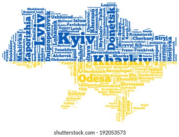Word cloud consisting of 300 Ukrainian cities and places in shape of Ukraine and in colors of Ukrainian flag